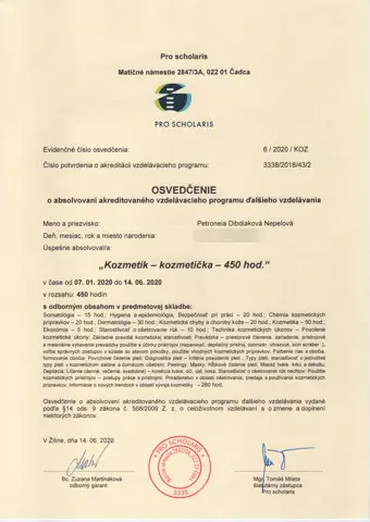 Certifikát – Kozmetik – kozmetička, 450 hodín