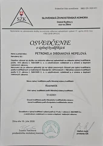 Certifikát – Úplná kvalifikácia Kozmetik