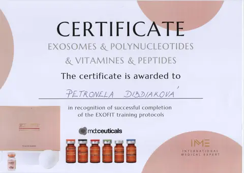 Certifikát – Exozómy, polynukleotidy, vitamíny a peptidy