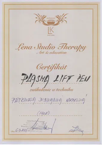 Certifikát – Plasma Lift Pen – fibroblast tváre