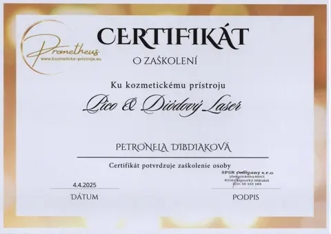 Certifikát – Pico laser a diódový laser