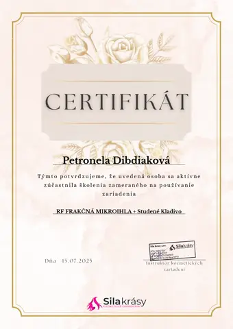 Certifikát – RF frakčná mikroihla a studené kladivo