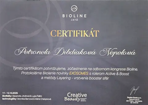 Certifikát – Exosomes s rolerom Active & Boost, metóda Layering