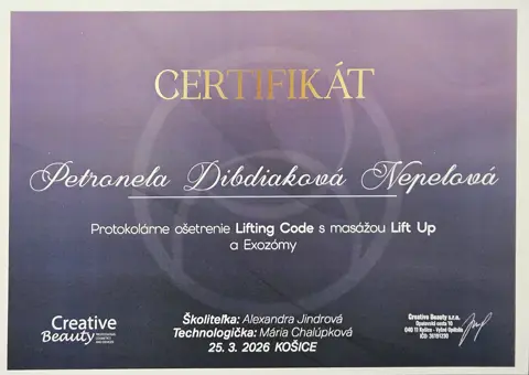 Certifikát – Lifting Code s masážou Lift Up a exozómami